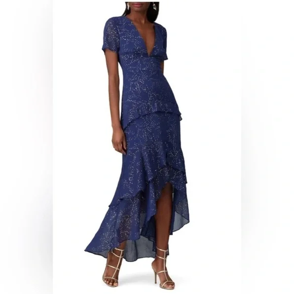 Hutch Tate Blue and gold speckle ruffle layered maxi dress - Picture 1 of 6